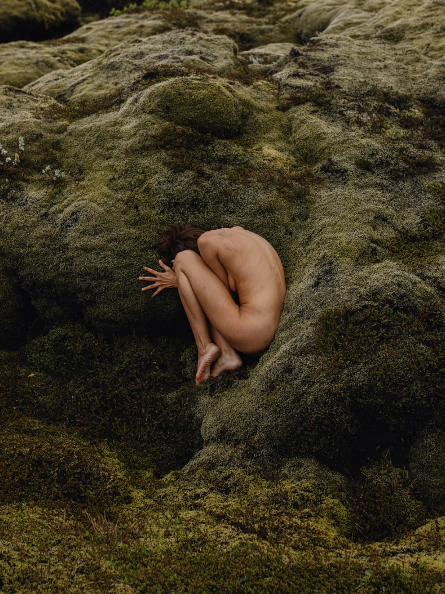 Artistic photo of a woman making herself small, sitting quietly in moss, representing vulnerability and seeking support in nature’s calm.
